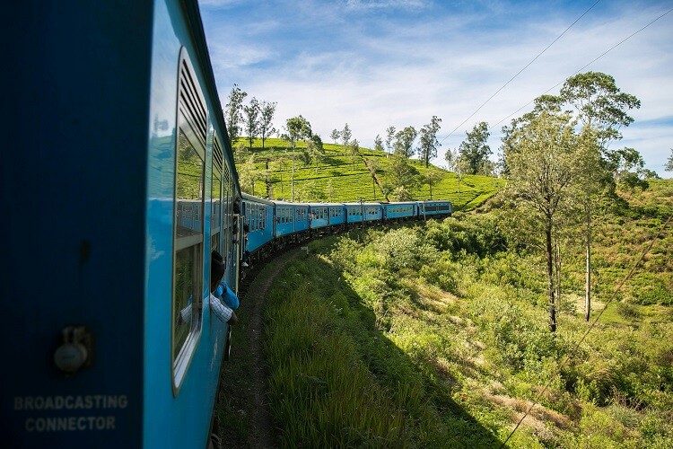 Ein blauer Zug fährt durch die Landschaft Sri Lankas